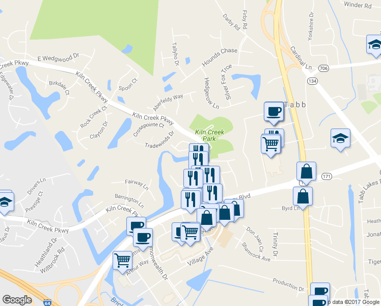 map of restaurants, bars, coffee shops, grocery stores, and more near 212 Persimmon Drive in Yorktown