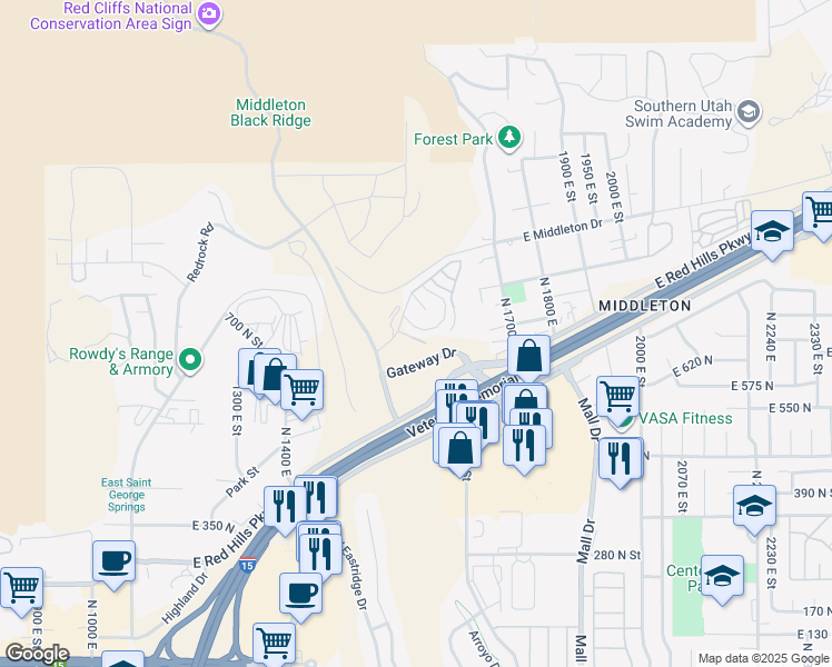 map of restaurants, bars, coffee shops, grocery stores, and more near 660 Twin Lakes Drive in St. George