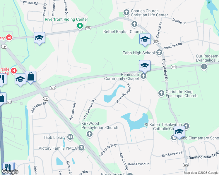 map of restaurants, bars, coffee shops, grocery stores, and more near 302 Susan Newton Lane in Yorktown