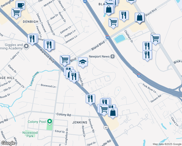 map of restaurants, bars, coffee shops, grocery stores, and more near 711 Windy Way in Newport News