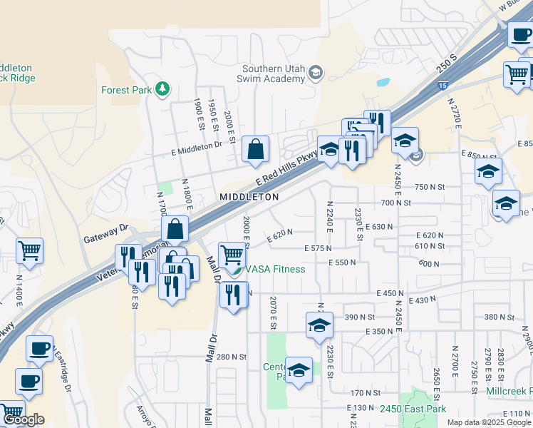 map of restaurants, bars, coffee shops, grocery stores, and more near 2088 Panorama Parkway North in St. George
