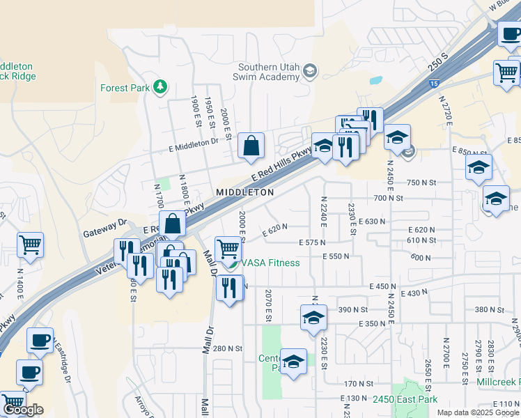 map of restaurants, bars, coffee shops, grocery stores, and more near 2088 Panorama Parkway North in St. George