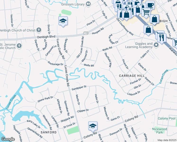 map of restaurants, bars, coffee shops, grocery stores, and more near 106 Wells Road in Newport News