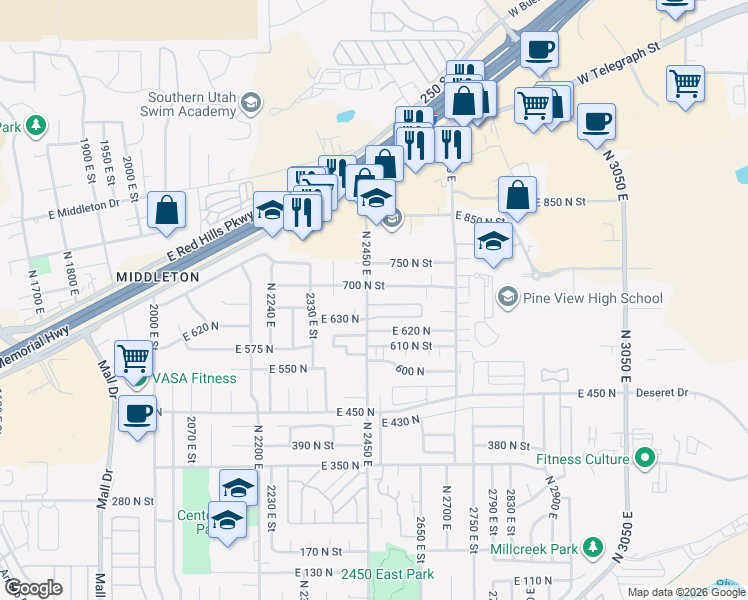 map of restaurants, bars, coffee shops, grocery stores, and more near 2435 East 700 North in St. George