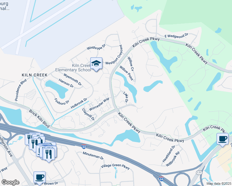 map of restaurants, bars, coffee shops, grocery stores, and more near 1302 Lake Drive in Newport News