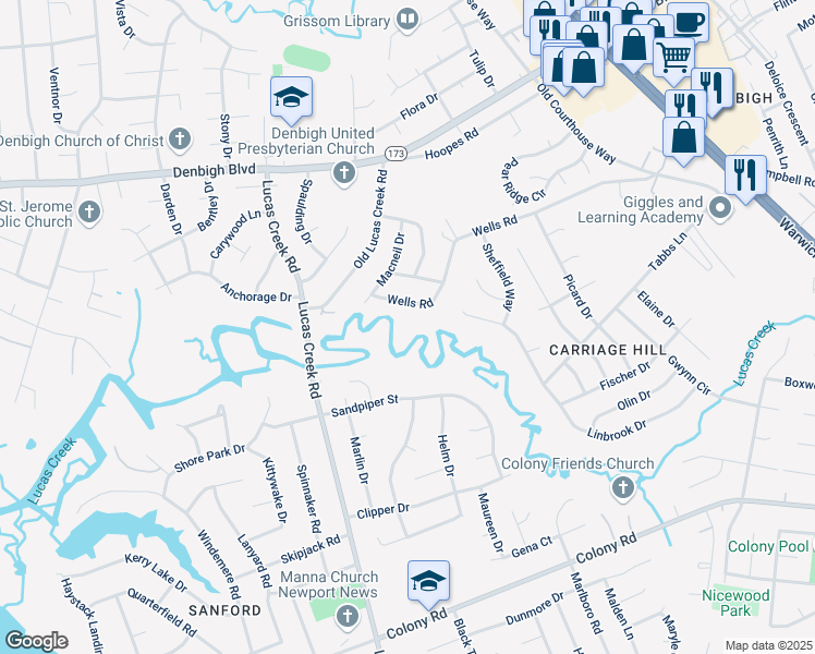 map of restaurants, bars, coffee shops, grocery stores, and more near 106 Wells Road in Newport News