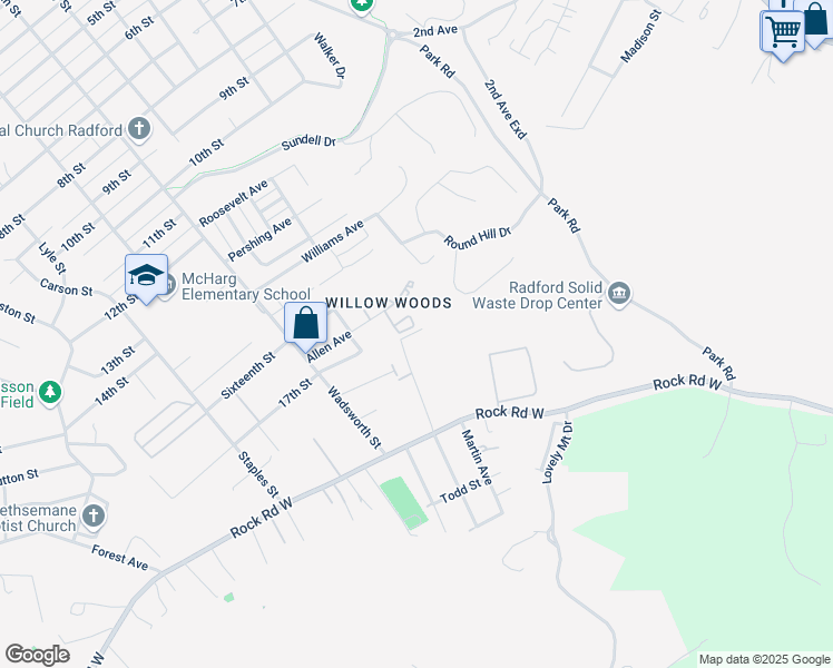 map of restaurants, bars, coffee shops, grocery stores, and more near 222 Allen Avenue in Radford