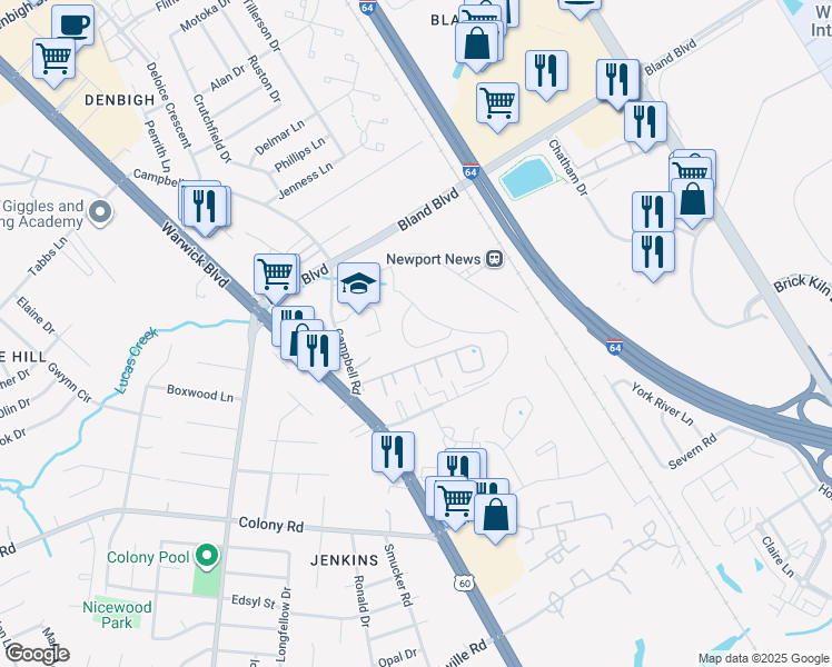 map of restaurants, bars, coffee shops, grocery stores, and more near 708 Windy Way in Newport News