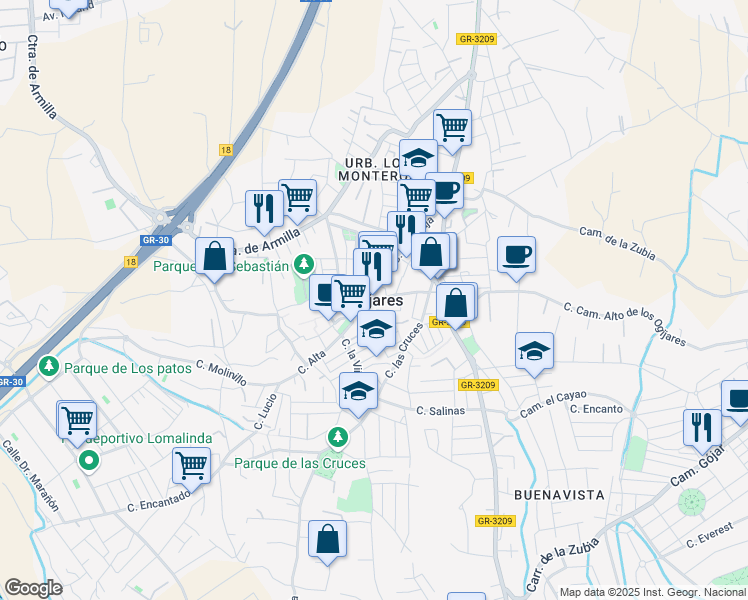 map of restaurants, bars, coffee shops, grocery stores, and more near in Ogíjares