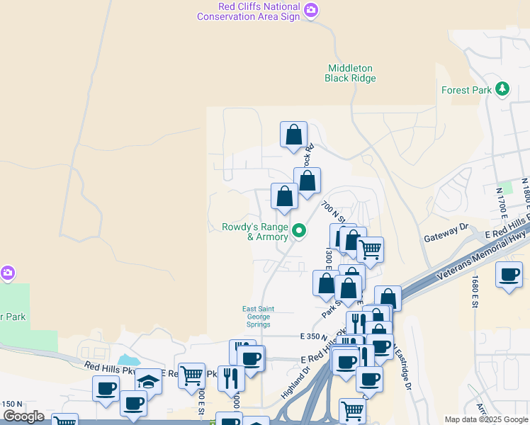 map of restaurants, bars, coffee shops, grocery stores, and more near 700 North 1060 East in St. George