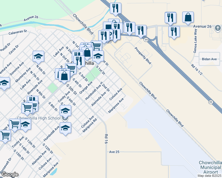 map of restaurants, bars, coffee shops, grocery stores, and more near 113 Alameda Avenue in Chowchilla