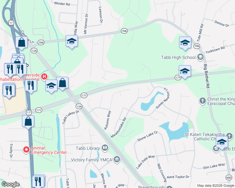 map of restaurants, bars, coffee shops, grocery stores, and more near 217 Autumn Way in Yorktown