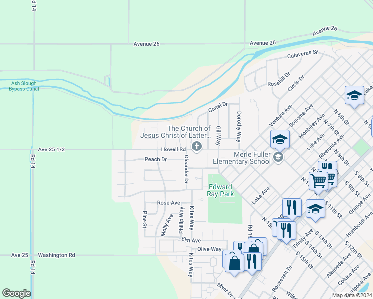 map of restaurants, bars, coffee shops, grocery stores, and more near 463 Oleander Drive in Chowchilla