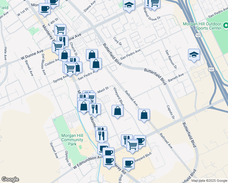 map of restaurants, bars, coffee shops, grocery stores, and more near 16495 Vineyard Boulevard in Morgan Hill