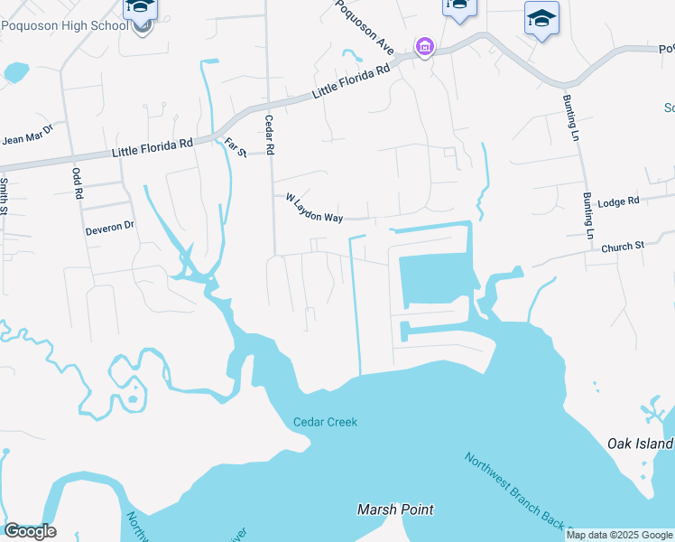 map of restaurants, bars, coffee shops, grocery stores, and more near 214 Cedar Road in Poquoson