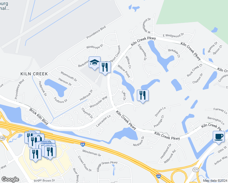 map of restaurants, bars, coffee shops, grocery stores, and more near 1302 Lake Drive in Newport News