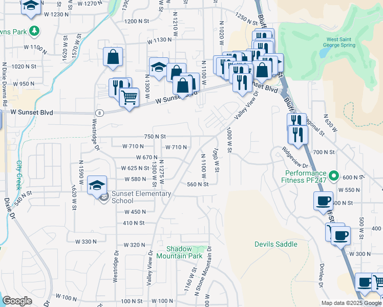 map of restaurants, bars, coffee shops, grocery stores, and more near 696 North Picturesque Drive in St. George