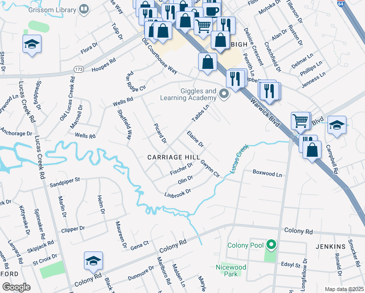 map of restaurants, bars, coffee shops, grocery stores, and more near 129 Gwynn Circle in Newport News