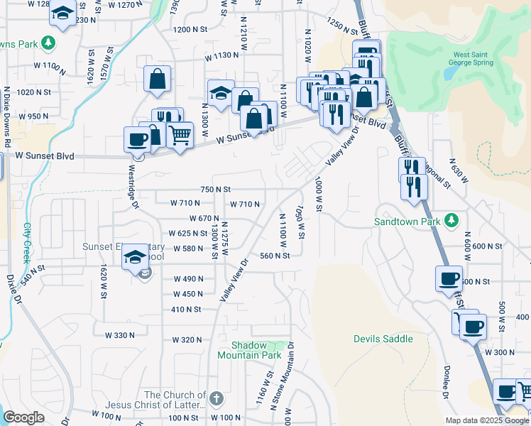 map of restaurants, bars, coffee shops, grocery stores, and more near 696 North Picturesque Drive in St. George