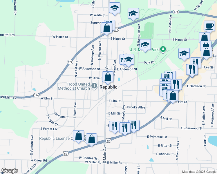 map of restaurants, bars, coffee shops, grocery stores, and more near in Republic