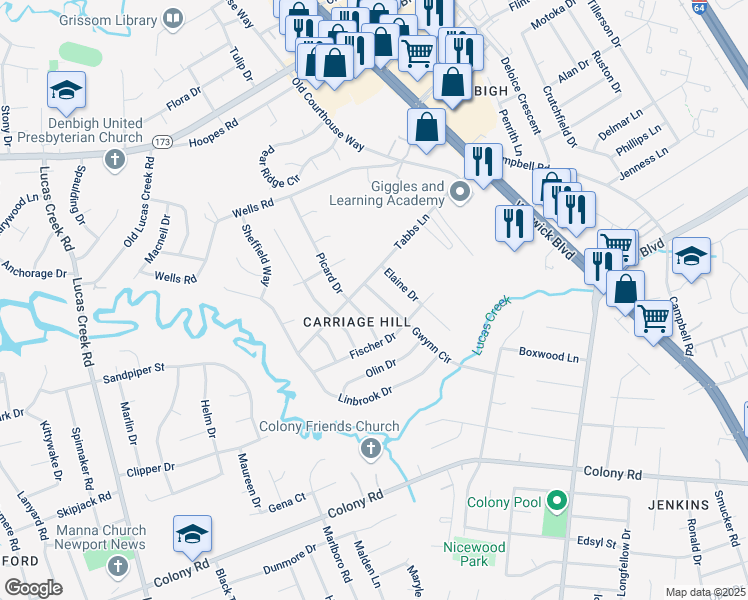 map of restaurants, bars, coffee shops, grocery stores, and more near 129 Gwynn Circle in Newport News