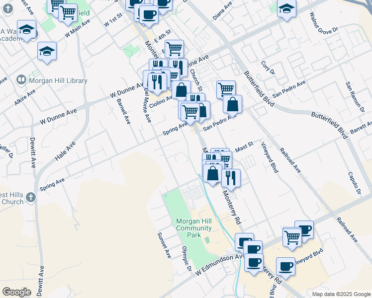 map of restaurants, bars, coffee shops, grocery stores, and more near 105 Mathilda Court in Morgan Hill