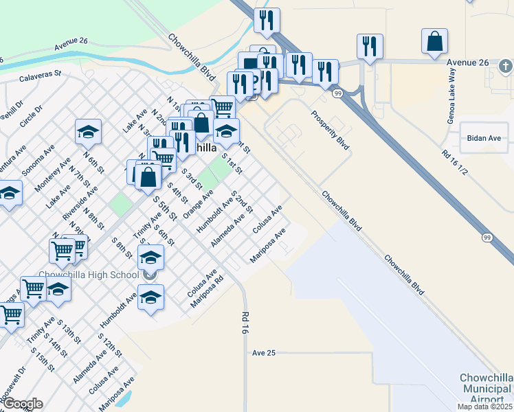 map of restaurants, bars, coffee shops, grocery stores, and more near 113 Alameda Avenue in Chowchilla