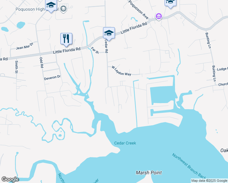 map of restaurants, bars, coffee shops, grocery stores, and more near 192 Cedar Road in Poquoson