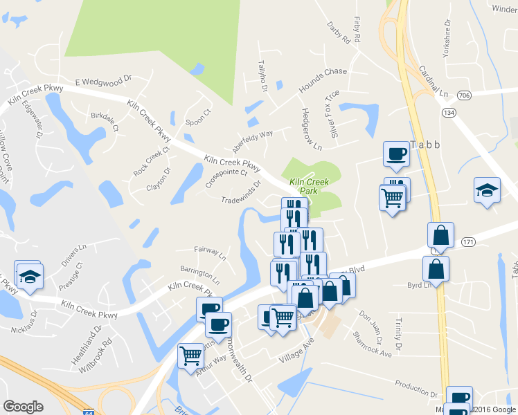map of restaurants, bars, coffee shops, grocery stores, and more near 413 Persimmon Drive in Yorktown
