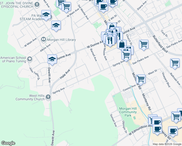 map of restaurants, bars, coffee shops, grocery stores, and more near 16622 Lone Hill Drive in Morgan Hill