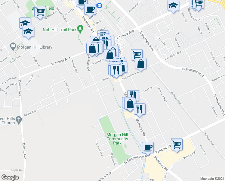 map of restaurants, bars, coffee shops, grocery stores, and more near 110 Foothill Court in Morgan Hill