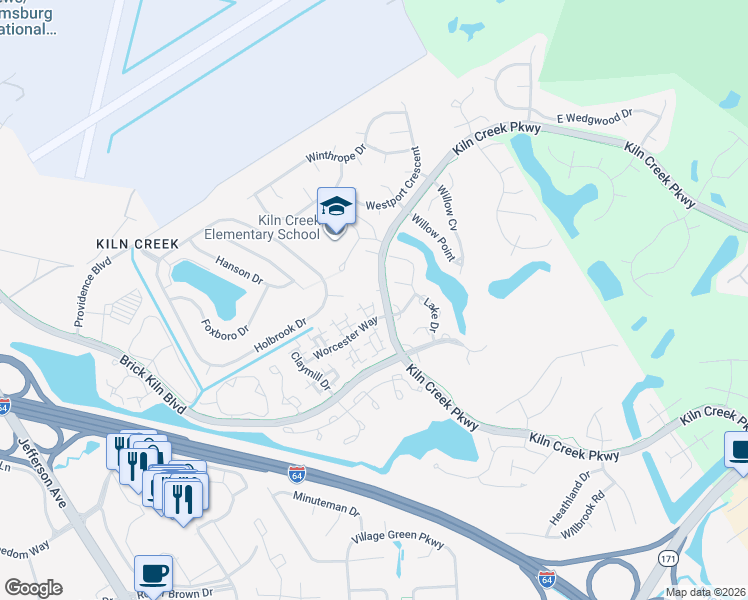 map of restaurants, bars, coffee shops, grocery stores, and more near 1401 Kiln Creek Parkway in Newport News