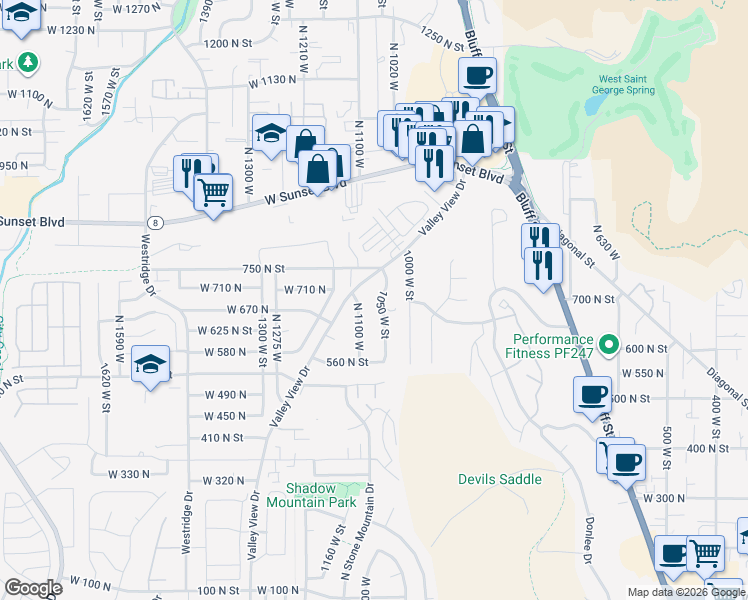 map of restaurants, bars, coffee shops, grocery stores, and more near 693 North 1050 West in Saint George