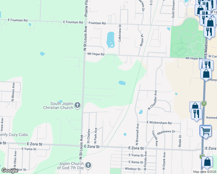 map of restaurants, bars, coffee shops, grocery stores, and more near 2101 Whitney Ln in Joplin