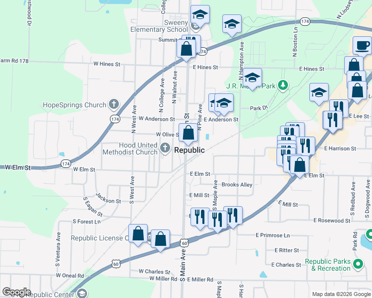 map of restaurants, bars, coffee shops, grocery stores, and more near 201 North Main Avenue in Republic