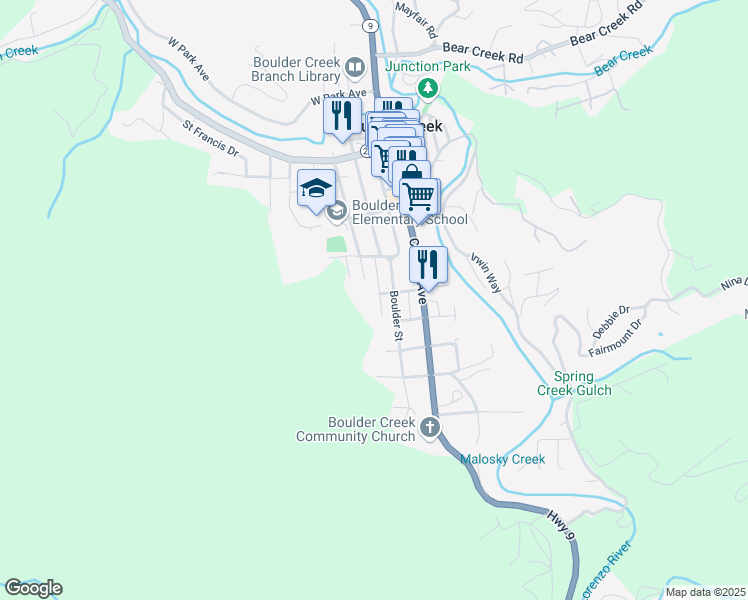 map of restaurants, bars, coffee shops, grocery stores, and more near 221 Mountain Street in Boulder Creek