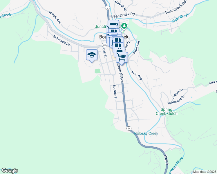 map of restaurants, bars, coffee shops, grocery stores, and more near 221 Mountain Street in Boulder Creek
