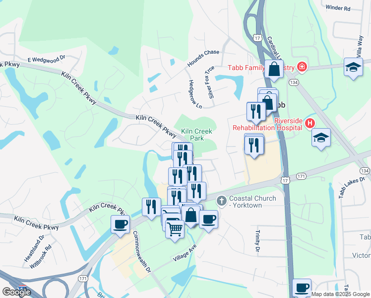 map of restaurants, bars, coffee shops, grocery stores, and more near 121 Persimmon Drive in Yorktown