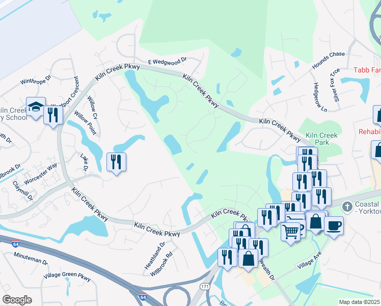 map of restaurants, bars, coffee shops, grocery stores, and more near 404 Rock Creek Court in Yorktown
