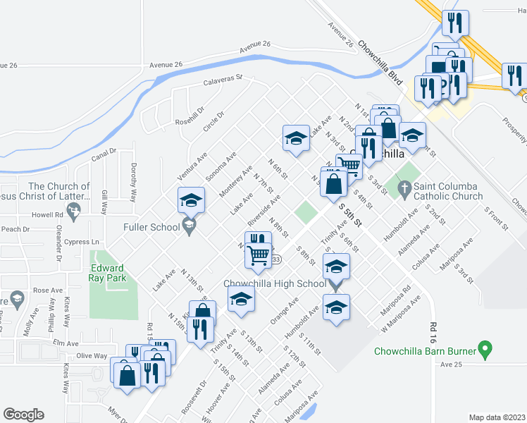 map of restaurants, bars, coffee shops, grocery stores, and more near 799 Riverside Avenue in Chowchilla