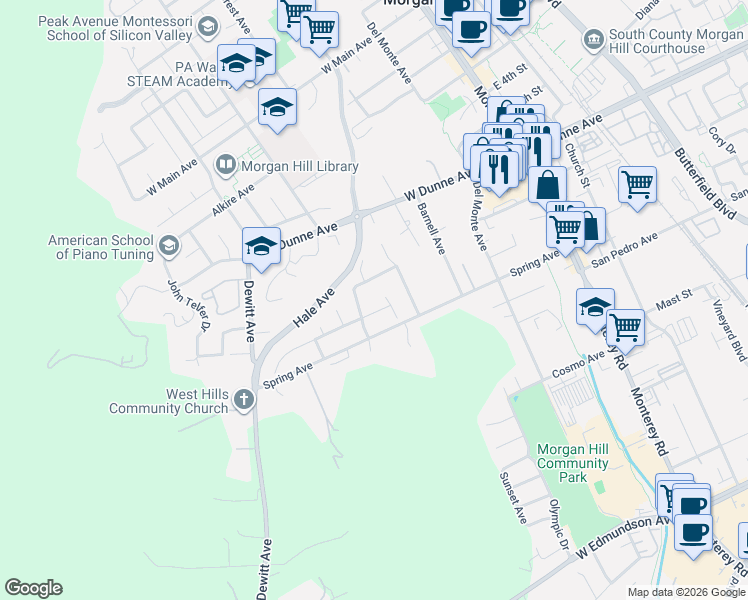map of restaurants, bars, coffee shops, grocery stores, and more near 16760 Spring Hill Court in Morgan Hill