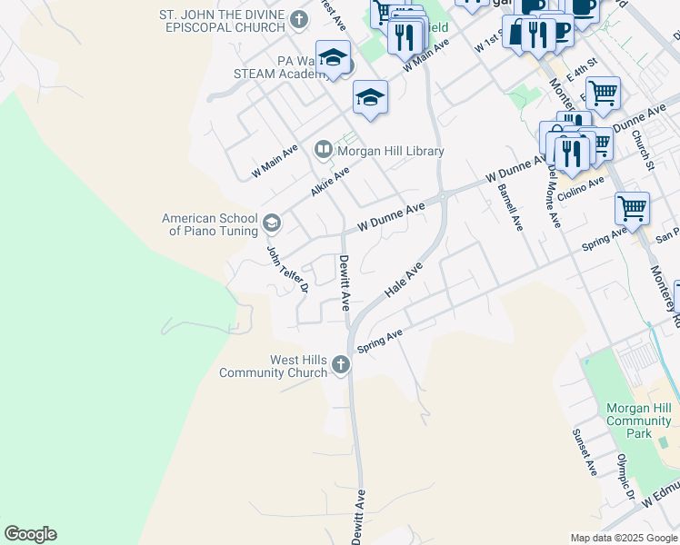 map of restaurants, bars, coffee shops, grocery stores, and more near 945 Oak Park Drive in Morgan Hill
