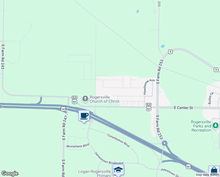 map of restaurants, bars, coffee shops, grocery stores, and more near 4796 South Farm Road 249 in Rogersville