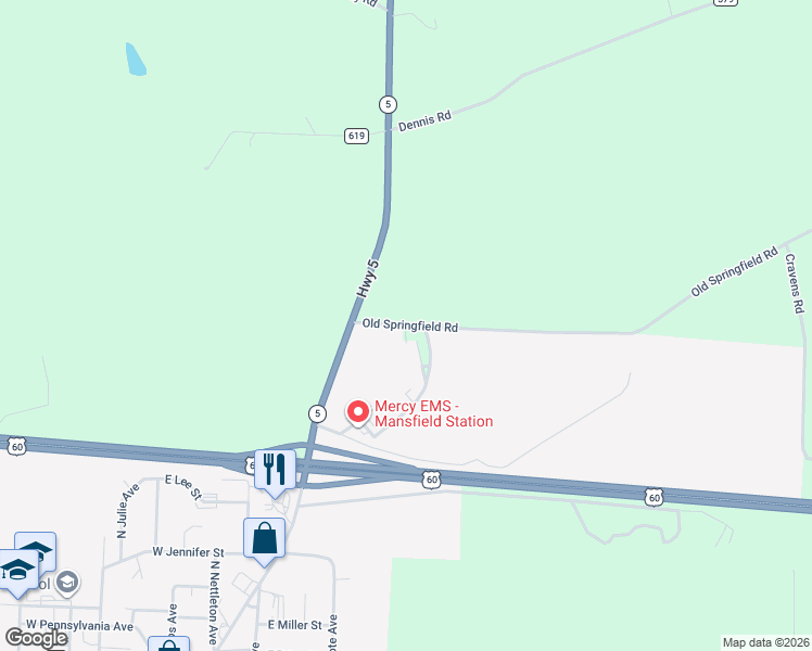 map of restaurants, bars, coffee shops, grocery stores, and more near 3453 Old Springfield Road in Mansfield