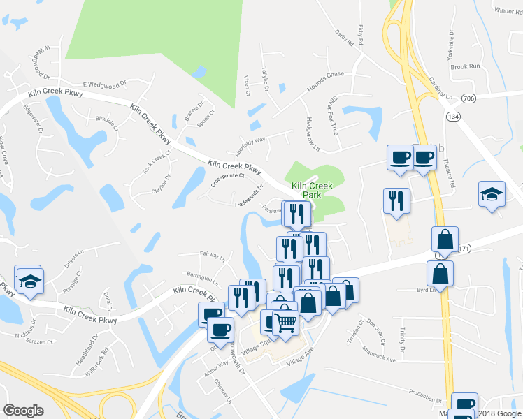 map of restaurants, bars, coffee shops, grocery stores, and more near 424 Persimmon Drive in Yorktown