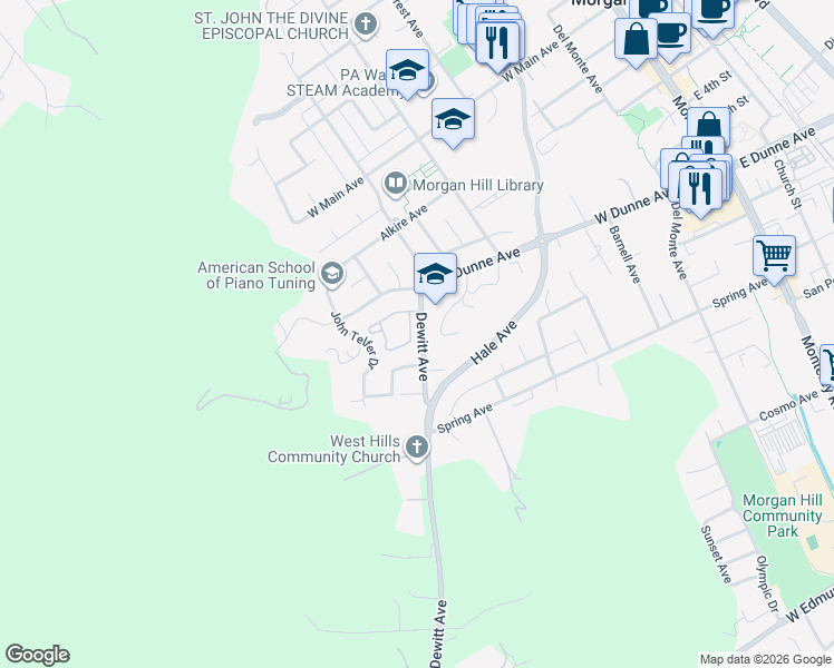 map of restaurants, bars, coffee shops, grocery stores, and more near 975 Oak Park Drive in Morgan Hill