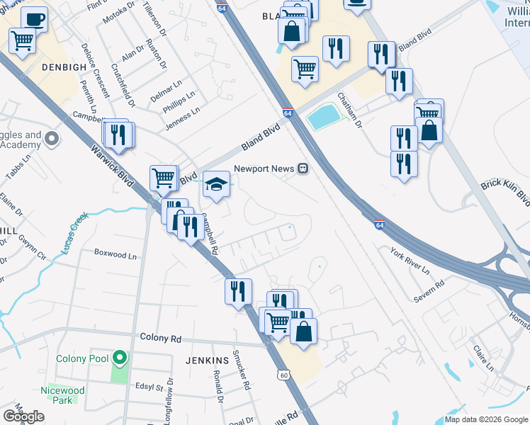 map of restaurants, bars, coffee shops, grocery stores, and more near 3640 Campbell Road in Newport News