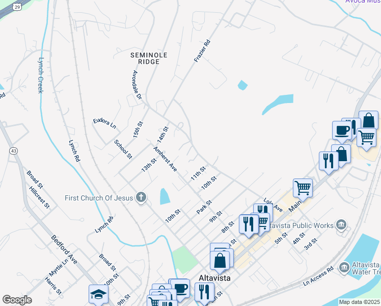 map of restaurants, bars, coffee shops, grocery stores, and more near 1202 Lola Avenue in Altavista