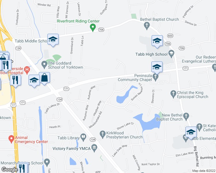 map of restaurants, bars, coffee shops, grocery stores, and more near 306 Autumn Way in Yorktown