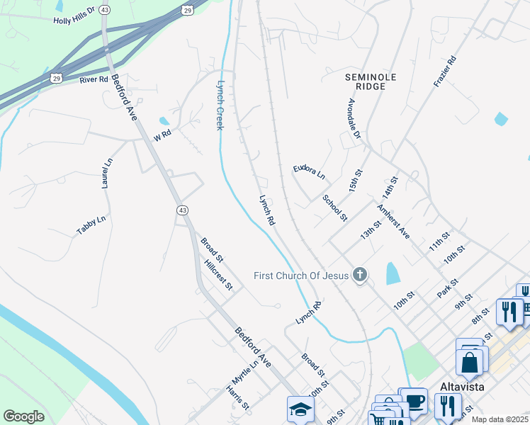 map of restaurants, bars, coffee shops, grocery stores, and more near 1236 Lynch Road in Altavista